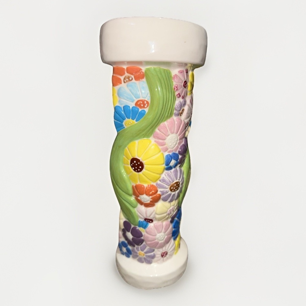 Vintage Style Hand Painted Floral Relief Ceramic Twisted Vase Multicolor 10in